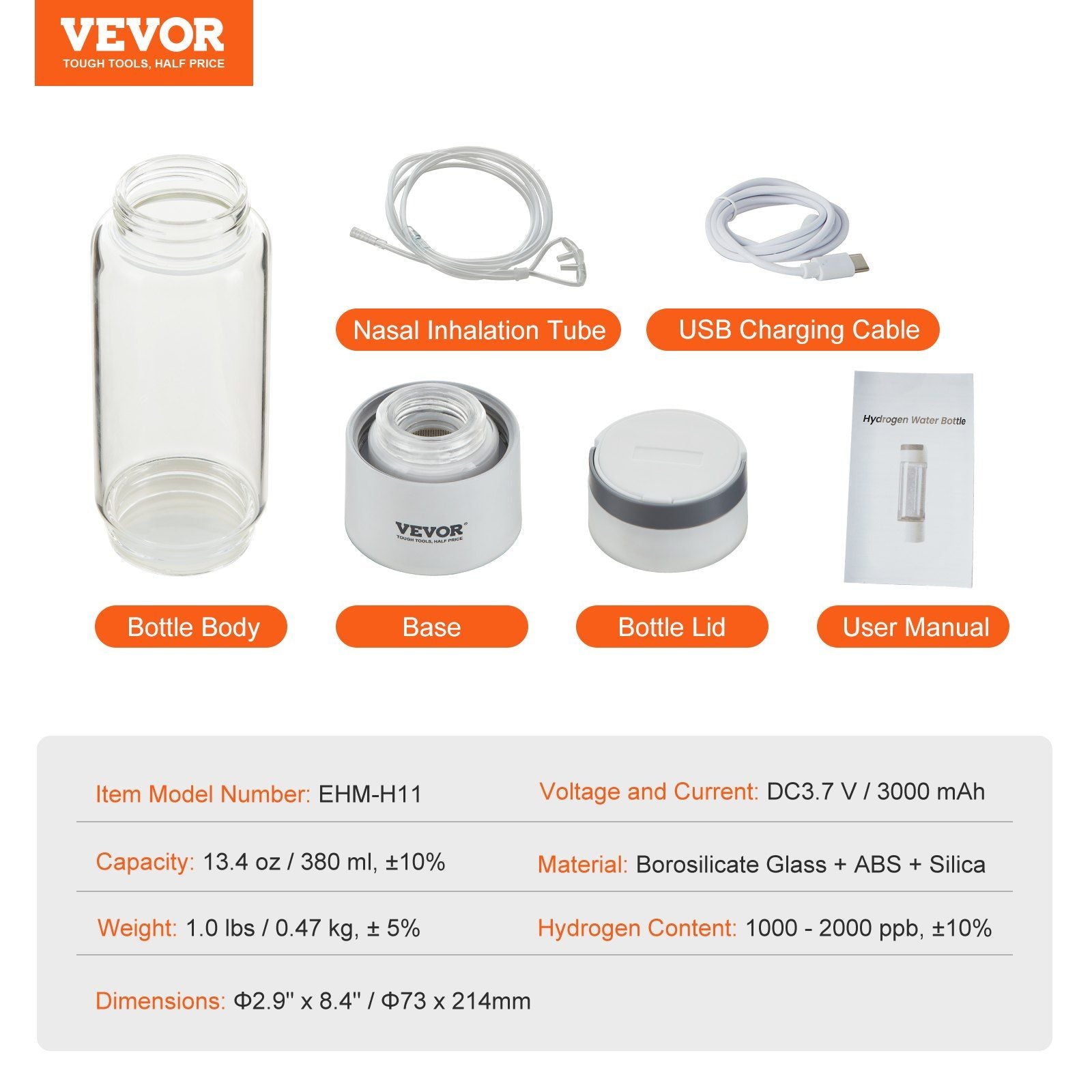 VEVOR Hydrogen Water Bottle Generator, 380 ml / 13.4 oz Capacity Portable Hydrogen Water Maker, SPE Technology Hydrogen Rich Water Ionizer Machine with Nasal Inhalation Tube and Self-Cleaning - JM Variety Store